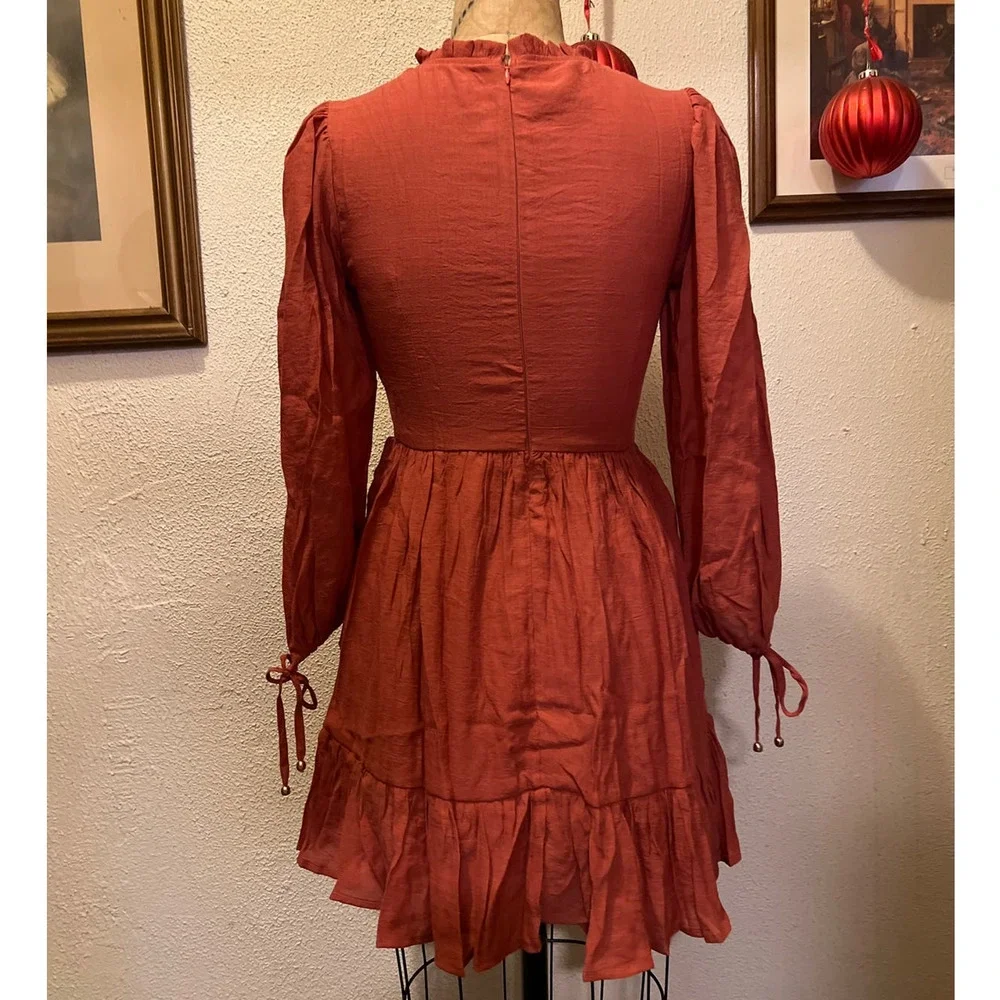 Smocked Frilled Neck Puff Sleeve Ruffle Hem Mini Dress NWOT Size S - Picture 8 of 11